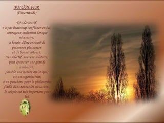 PEUPLIER   (l'incertitude)  Très décoratif,  n'a pas beaucoup confiance en lui,  courageux seulement lorsque nécessaire,  a besoin d'être entouré de personnes plaisantes  et de bonne volonté,  très sélectif, souvent solitaire,  peut éprouver une grande animosité,  possède une nature artistique,  est un organisateur, a un penchant pour la philosophie,  fiable dans toutes les situations, le couple est très important pour lui. 