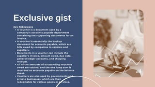 Exclusive gist
Key Takeaways
A voucher is a document used by a
company’s accounts payable department
containing the supporting documents for an
invoice.
A voucher is essentially the backup
document for accounts payable, which are
bills owed by companies to vendors and
suppliers.
Documents in a voucher can include the
supplier's invoice, amount owed, due date,
general ledger accounts, and shipping
receipts.
All of the amounts of outstanding vouchers
owed are totaled, and the one lump sum is
recorded as accounts payable on the balance
sheet.
Vouchers are also used by governments and
private businesses, which are then
redeemable for various goods or services.
 