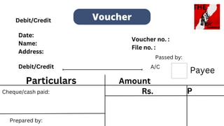 Voucher
Rs. P
Debit/Credit
Date:
Name:
Address:
Voucher no. :
File no. :
Debit/Credit A/C
Particulars Amount
Cheque/cash paid:
Passed by:
Prepared by:
Payee
 