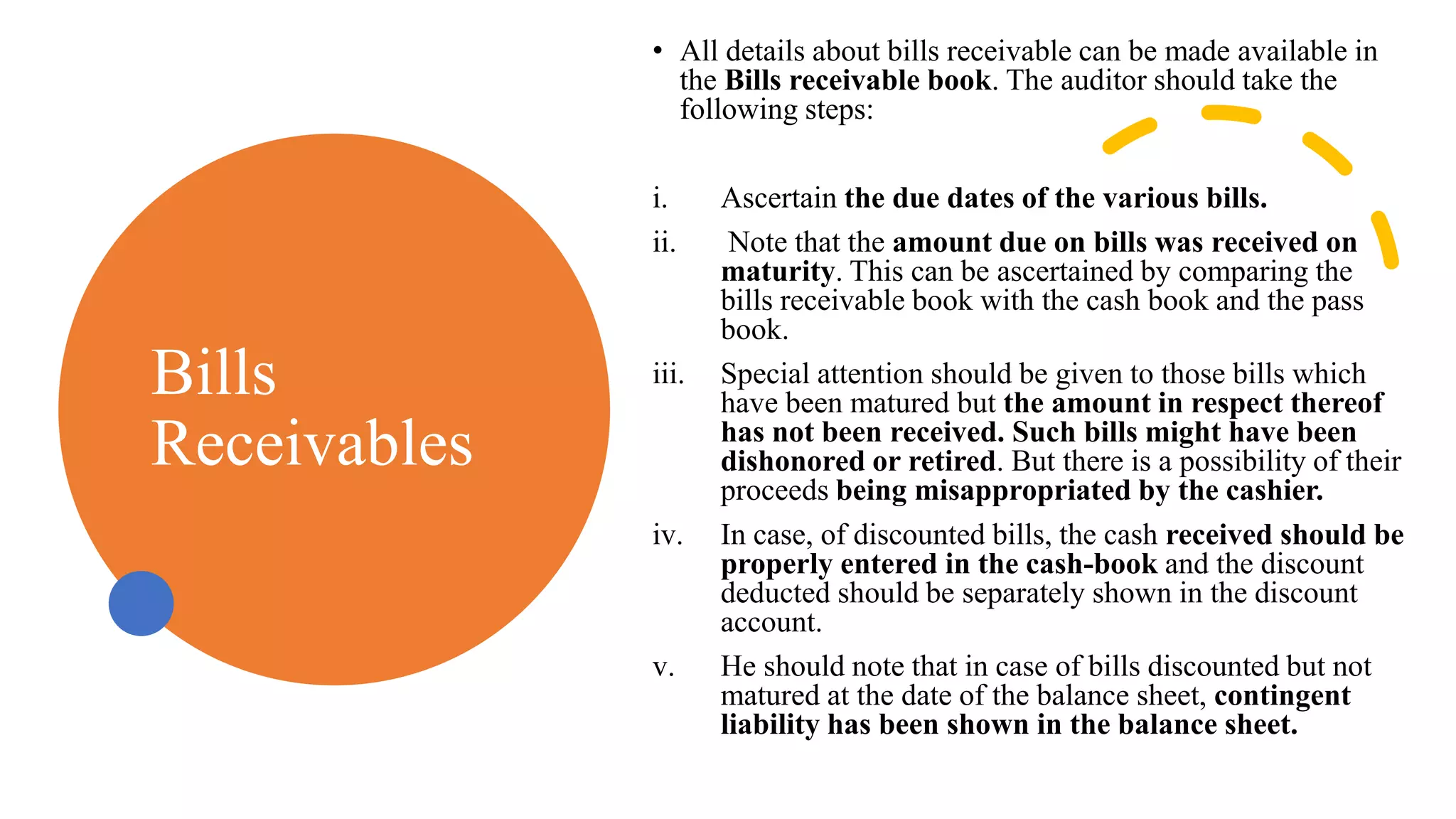 Bills
Receivables
• All details about bills receivable can be made available in
the Bills receivable book. The auditor should take the
following steps:
i. Ascertain the due dates of the various bills.
ii. Note that the amount due on bills was received on
maturity. This can be ascertained by comparing the
bills receivable book with the cash book and the pass
book.
iii. Special attention should be given to those bills which
have been matured but the amount in respect thereof
has not been received. Such bills might have been
dishonored or retired. But there is a possibility of their
proceeds being misappropriated by the cashier.
iv. In case, of discounted bills, the cash received should be
properly entered in the cash-book and the discount
deducted should be separately shown in the discount
account.
v. He should note that in case of bills discounted but not
matured at the date of the balance sheet, contingent
liability has been shown in the balance sheet.
 