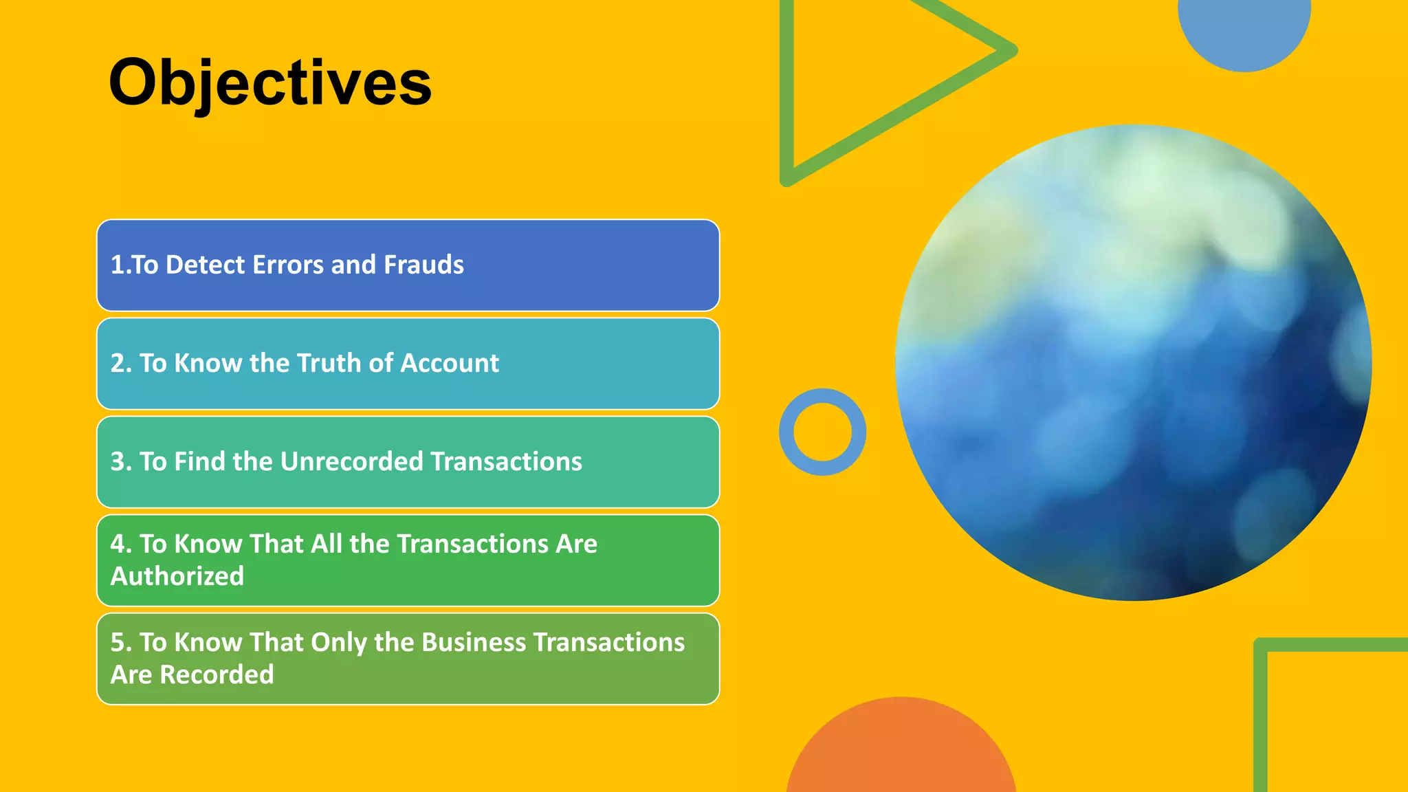 Objectives
1.To Detect Errors and Frauds
2. To Know the Truth of Account
3. To Find the Unrecorded Transactions
4. To Know That All the Transactions Are
Authorized
5. To Know That Only the Business Transactions
Are Recorded
 
