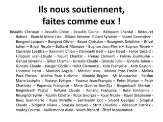Ils nous soutiennent,
faites comme eux !
Beaufils Christian – Beaufils Chloé - Beaufils Coline - Bédouret Chantal - Bédouret
Robert - Bianchi Marie-Lise - Billard Antoine -Billard Sylvette – Blumé Geneviève -
Bongeot Jacques – Bongeot Olivier - Bouet Christian – Bourgeois Delphine – Brival
Julien – Brival Nicole – Bulliard Monique - Bugnon Jean-Pierre – Bugnon Renée –
Ciesielski Laetitia – Daminelli Chléo – Daminelli Gaël – Egry David - Félice Gérard -
Filipponi Jean-Claude - Fiquet Chantal - Frénay Clément - Frénay Guillaume -
Ganzel Séverine – Gilloz Chantal - Gineste Claude - Gineste Julie – Gineste Julien –
Gineste Claude - Hauger Cécile – Hélet Clémence - Kolb Françoise - Kolb Gaston -
Lhomme Henri - Mantion Angela – Mercier Jean - Molina Pozo Emilio - Molina
Pozo Florian - Molina Pozo Ludivine - Monnin Régine - Mr Mouzarine - Pardon
Marie-Josèphe - Pasteur Evelyne - Pasteur Jean-François – Peter Marion – Peter
Charlotte – Popenda Françoise - Mme Queiros-Ben-Zija - Ringenbach Marion -
Ringenbach Pascal - Rolland Claude - Rolland Françoise - Rose Emilienne -
Rossignol Sylvie - Roullin Colette - Roux Georges – Roux Nicole - Royer Stéphanie -
Ruez Jean-Pierre - Ruez Mireille – Saintvoirin Eric - Silvant Georges - Simprist
Claude - Simprist Liliane - Soussia Jacques - Stritt Claudine - Villecourt Patrick -
Voidey Colette – Vuillemenot Alain - Wach Richard - Zfizef Mohammed
 