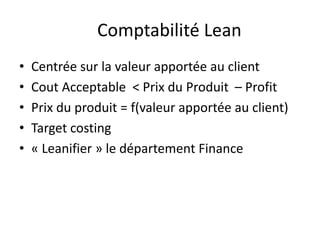 Comptabilité Lean
• Niveau: Equipe / cellule
• Qualité du travail
• Takt/vélocité, « First time through » (FTT), Travaux e...