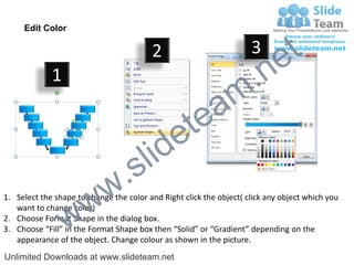 Edit Color

                                         2                           3
                                                                             e t
             1
                                                                m .n
                                                  tea
                                        id      e
                              .     s l
                   w        w
1. Select the shape to change the color and Right click the object( click any object which you


                 w
   want to change color)
2. Choose Format Shape in the dialog box.
3. Choose “Fill” in the Format Shape box then “Solid” or “Gradient” depending on the
   appearance of the object. Change colour as shown in the picture.
Unlimited Downloads at www.slideteam.net
 