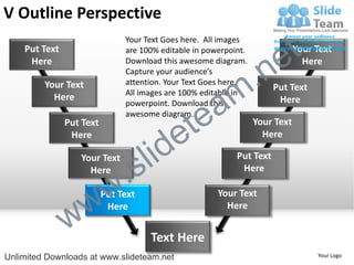 V Outline Perspective
    Put Text
                               Your Text Goes here. All images
                               are 100% editable in powerpoint.

                                                                        e t   Your Text


                                                             .n
     Here                      Download this awesome diagram.                   Here
                               Capture your audience’s


                                                           m
         Your Text             attention. Your Text Goes here.
                                                                       Put Text

                                                a
                               All images are 100% editable in
           Here                                                         Here


                                              te
                               powerpoint. Download this
                               awesome diagram.


                                            e
               Put Text                                           Your Text


                                     id
                Here                                                Here

                  Your Text
                    Here
                             .   s l                        Put Text
                                                             Here



                 w         w
                          Put Text                     Your Text


               w
                           Here                          Here


                                     Text Here
Unlimited Downloads at www.slideteam.net                                           Your Logo
 