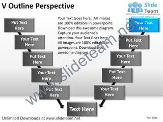 V Outline Perspective
    Put Text
                               Your Text Goes here. All images
                               are 100% editable in powerpoint.

                                                                        e t   Your Text


                                                             .n
     Here                      Download this awesome diagram.                   Here
                               Capture your audience’s


                                                           m
         Your Text             attention. Your Text Goes here.
                                                                       Put Text

                                                a
                               All images are 100% editable in
           Here                                                         Here


                                              te
                               powerpoint. Download this
                               awesome diagram.


                                            e
               Put Text                                           Your Text


                                     id
                Here                                                Here

                  Your Text
                    Here
                             .   s l                        Put Text
                                                             Here



                 w         w
                          Put Text                     Your Text


               w
                           Here                          Here


                                     Text Here
Unlimited Downloads at www.slideteam.net                                           Your Logo
 
