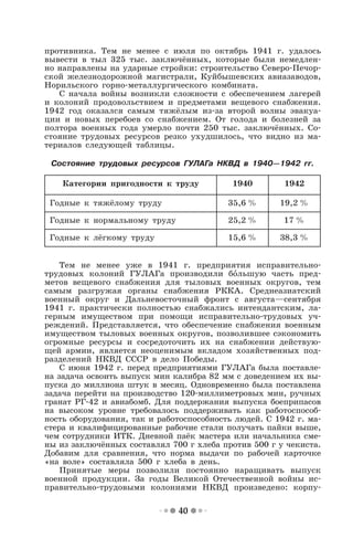 40
противника. Тем не менее с июля по октябрь 1941 г. удалось
вывести в тыл 325 тыс. заключённых, которые были немедлен-
но направлены на ударные стройки: строительство Северо-Печор-
ской железнодорожной магистрали, Куйбышевских авиазаводов,
Норильского горно-металлургического комбината.
С начала войны возникли сложности с обеспечением лагерей
и колоний продовольствием и предметами вещевого снабжения.
1942 год оказался самым тяжёлым из-за второй волны эвакуа-
ции и новых перебоев со снабжением. От голода и болезней за
полтора военных года умерло почти 250 тыс. заключённых. Со-
стояние трудовых ресурсов резко ухудшилось, что видно из ма-
териалов следующей таблицы.
Состояние трудовых ресурсов ГУЛАГа НКВД в 1940—1942 гг.
Категории пригодности к труду 1940 1942
Годные к тяжёлому труду 35,6 % 19,2 %
Годные к нормальному труду 25,2 % 17 %
Годные к лёгкому труду 15,6 % 38,3 %
Тем не менее уже в 1941 г. предприятия исправительно-
трудовых колоний ГУЛАГа производили большую часть пред-
метов вещевого снабжения для тыловых военных округов, тем
самым разгружая органы снабжения РККА. Среднеазиатский
военный округ и Дальневосточный фронт с августа—сентября
1941 г. практически полностью снабжались интендантским, ла-
герным имуществом при помощи исправительно-трудовых уч-
реждений. Представляется, что обеспечение снабжения военным
имуществом тыловых военных округов, позволившее сэкономить
огромные ресурсы и сосредоточить их на снабжении действую-
щей армии, является неоценимым вкладом хозяйственных под-
разделений НКВД СССР в дело Победы.
С июня 1942 г. перед предприятиями ГУЛАГа была поставле-
на задача освоить выпуск мин калибра 82 мм с доведением их вы-
пуска до миллиона штук в месяц. Одновременно была поставлена
задача перейти на производство 120-миллиметровых мин, ручных
гранат РГ-42 и авиабомб. Для поддержания выпуска боеприпасов
на высоком уровне требовалось поддерживать как работоспособ-
ность оборудования, так и работоспособность людей. С 1942 г. ма-
стера и квалифицированные рабочие стали получать пайки выше,
чем сотрудники ИТК. Дневной паёк мастера или начальника сме-
ны из заключённых составлял 700 г хлеба против 500 г у чекиста.
Добавим для сравнения, что норма выдачи по рабочей карточке
«на воле» составляла 500 г хлеба в день.
Принятые меры позволили постоянно наращивать выпуск
военной продукции. За годы Великой Отечественной войны ис-
правительно-трудовыми колониями НКВД произведено: корпу-
 