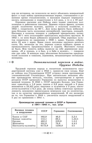 42
пор ни историки, ни психологи не могут объяснить невероятный
факт: в годы войны производственные нормы, считавшиеся в до-
военное время стахановскими, в массовом порядке перевыпол-
нялись женщинами и подростками в 2,5 раза, а то и в 10 раз!
Огромное значение для Победы имел подвиг советских кол-
хозников и работников совхозов. Деревня отдала фронту лучших
людей: количество мужчин, занятых в сельском хозяйстве, к
1942 г. сократилось на 60 %. Для нужд фронта была мобилизо-
вана большая часть колхозных автомобилей, тракторов, лошадей.
Поставки в колхозы техники и удобрений прекратились полно-
стью. 80 % всех сельхозработ приходилось выполнять вручную. В
1942 г. ко всем бедам добавился неурожай. Сбор зерновых куль-
тур сократился по сравнению с 1940 г. вдвое. Удалось собрать
всего 25 млн т зерна. Вдвое упало поголовье крупного рогатого
скота. Но, несмотря на это, деревня сумела снабдить армию и
промышленность продовольствием и сырьём. Массового голода
не было. Всю тяжесть войны вынесли на себе деревенские жен-
щины. «Я и лошадь, я и бык, я и баба и мужик», — говорили
они про себя. В военную пору абсолютное большинство председа-
телей колхозов и совхозов, агрономов, механизаторов составляли
женщины.
Экономический перелом в войне.
Оружие Победы
Трудовой героизм народа и гигантские возможности госу-
дарственной системы уже в 1942 г. принесли свои плоды. Ещё
до победы под Сталинградом СССР устроил своим противникам
«экономический Сталинград». При значительно меньшем объ-
ёме производства металла, топлива, электроэнергии и прочих
ресурсов СССР превзошёл Германию по выпуску вооружения и
военной техники. В 1942 г. СССР произвёл больше, чем Герма-
ния: самолётов в 1,9 раза; танков в 3,9 раза; орудий в 3 раза;
миномётов в 23,5(!) раза; винтовок и пулемётов в 3 раза; писто-
летов-пулемётов в 6,5 раза. До конца войны советская промыш-
ленность неизменно превосходила немецкую как по количеству,
так и по качеству произведённых вооружений. И это несмотря
на то, что Германия к 1944 г. увеличила выпуск вооружений в
5 раз по сравнению с 1941 г.
Производство военной техники в СССР и Германии
в 1941—1945 гг., тыс. штук
Военная техника
и вооружение
СССР Германия Соотношение
Танки и САУ
Боевые самолёты
Орудия
Миномёты
Пистолеты-пулемёты
102,8
112,1
482,2
351,8
6173,9
46,3
89,5
319,9
78,8
1256,8
2,2:1
1,25:1
1,5:1
4,4:1
5:1
 