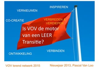 INSPIREREN
       VERNIEUWEN


CO-CREATIE                VERBREDEN &
                           VERDIEPEN
           Is	
  VOV	
  de	
  motor	
  
           van	
  een	
  LEER	
  
           Transi4e?	
  
                             VERBINDEN
  ONTWIKKELING


VOV lerend netwerk 2015        Nieuwjaar 2013, Pascal Van Loo
 