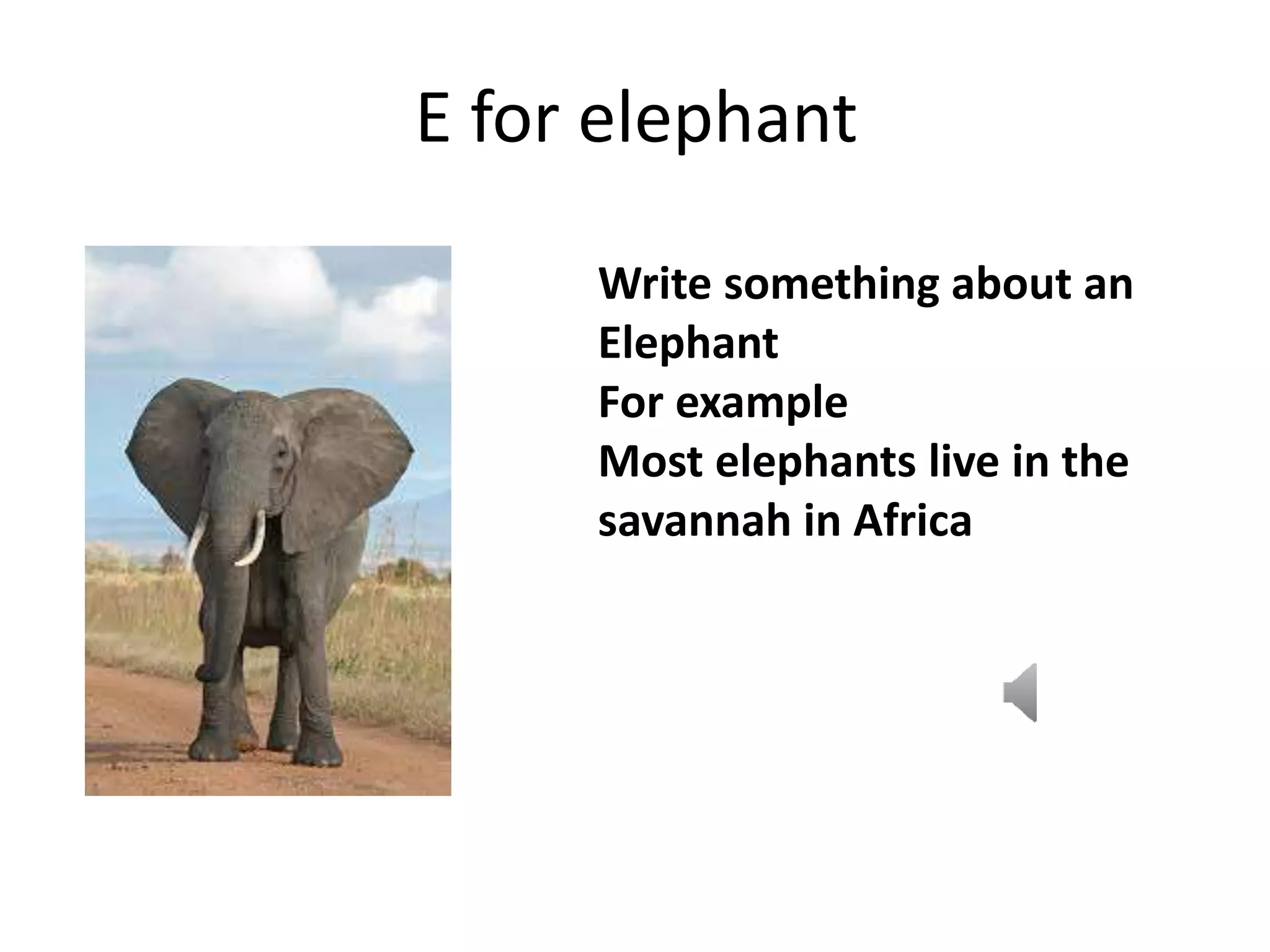 E for elephant
Write something about an
Elephant
For example
Most elephants live in the
savannah in Africa