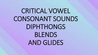 CRITICAL VOWEL
CONSONANT SOUNDS
DIPHTHONGS
BLENDS
AND GLIDES
 