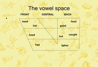 The vowel space FRONT  CENTRAL  BACK heed hid head had food good caught hut f a ther 