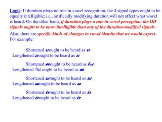 Logic : If duration plays no role in vowel recognition, the 4 signal types ought to be equally intelligible; i.e., artificially modifying duration will not affect what vowel is heard. On the other hand,  if duration plays a role in vowel perception, the OD signals ought to be more intelligible than any of the duration-modified signals . Also, there are  specific kinds of changes in vowel identity that we would expect .  For example: Shortened  /i/  ought to be heard as  /I/  Lengthened  /I/  ought to be heard as  /i/ Shortened  /A/  ought to be heard as  /‰/  Lengthened / ‰ / ought to be heard as  /A/ Shortened  /u/  ought to be heard as  /U/  Lengthened  /U/  ought to be heard as  /u/ Shortened  /å/  ought to be heard as  /ú/  Lengthened  /ú/  ought to be heard as  /å/ 