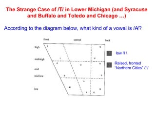 The Strange Case of /  / in Lower Michigan (and Syracuse and Buffalo and Toledo and Chicago …) According to the diagram below, what kind of a vowel is /  /? low /  / Raised, fronted “Northern Cities” /  / 