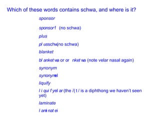 Which of these words contains schwa, and where is it? sponsor  (no schwa)   plus  (no schwa)  blanket    or     (note velar nasal again) synonym    liquify  (the /  / is a diphthong we haven’t seen yet) laminate  