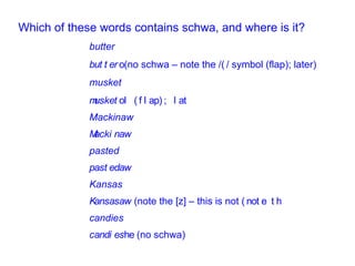 Which of these words contains schwa, and where is it? butter  (no schwa – note the /  / symbol (flap); later)   musket  Mackinaw  pasted  Kansas  (note the [z] – this is not   candies    (no schwa) 