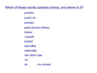 Which of these words contains schwa, and where is it? practice    pansies    (no schwa) lasses  busted  nationality      (no schwa) 