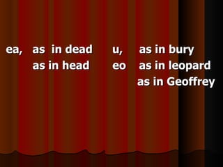 ea, as in dead   u,   as in bury
    as in head   eo   as in leopard
                      as in Geoffrey
 