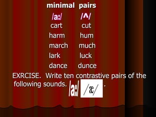 minimal pairs

             cart    cut
            harm     hum
            march   much
            lark    luck
            dance   dunce
EXRCISE. Write ten contrastive pairs of the
following sounds.           .
 