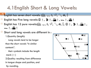 23
4.1English Short & Long Vowels:
23
 English has seven short vowels: , , , , , , 
 English has Five long vowels:, , , , 
 English has 12 pure vowels:, , , , , , , , , ,
, 
 Short and long vowels are different in :
1.Quantity (length):
- Long vowels tend to be longer
than the short vowels “in similar
contexts”.
- their symbols include the length
mark ()
2.Quality: resulting from difference
in tongue shape and position, and
lip rounding.
 