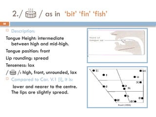 28
2./  / as in ‘bit’ ‘fin’ ‘fish’
 Description:
Tongue Height: intermediate
between high and mid-high.
Tongue position: front
Lip rounding: spread
Tenseness: lax
/  /: high, front, unrounded, lax
 Compared to Car. V.1 [i], it is:
lower and nearer to the centre.
The lips are slightly spread.
28
 