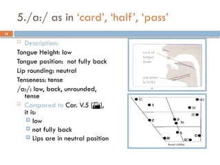 38
5./a:/ as in ‘card’, ‘half’, ‘pass’
 Description:
Tongue Height: low
Tongue position: not fully back
Lip rounding: neutral
Tenseness: tense
/a:/: low, back, unrounded,
tense
 Compared to Car. V.5 [],
it is:
 low
 not fully back
 Lips are in neutral position
 