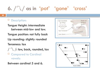 40
6. // as in ‘pot’ ‘gone’ ‘cross’
 Description:
Tongue Height: intermediate
between mid-low and low.
Tongue position: not fully back
Lip rounding: slightly rounded
Tenseness: lax
/  /: low, back, rounded, lax
 Compared to Cardinal
vowels:
Between cardinal 5 and 6.
40
 