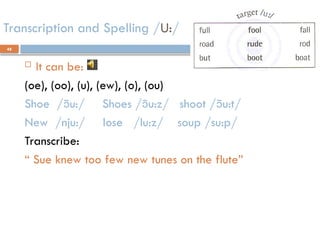 48
Transcription and Spelling /U:/
 It can be:
(oe), (oo), (u), (ew), (o), (ou)
Shoe /u:/ Shoes /u:z/ shoot /u:t/
New /nju:/ lose /lu:z/ soup /su:p/
Transcribe:
“ Sue knew too few new tunes on the flute”
 