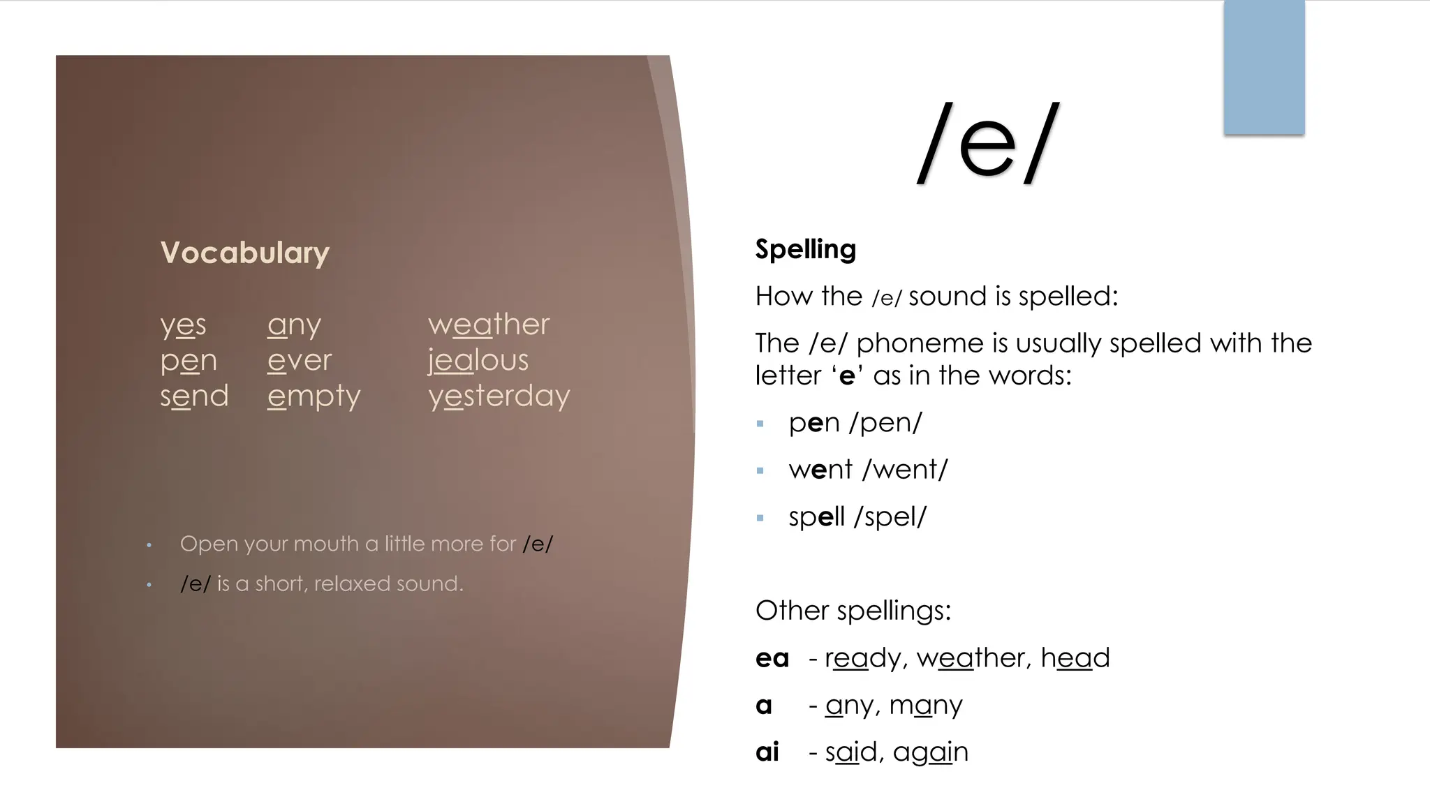 /e/
Vocabulary
yes any weather
pen ever jealous
send empty yesterday
• Open your mouth a little more for /e/
• /e/ is a short, relaxed sound.
Spelling
How the /e/ sound is spelled:
The /e/ phoneme is usually spelled with the
letter ‘e’ as in the words:
▪ pen /pen/
▪ went /went/
▪ spell /spel/
Other spellings:
ea - ready, weather, head
a - any, many
ai - said, again
 