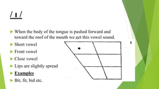 / ɪ /
 When the body of the tongue is pushed forward and
toward the roof of the mouth we get this vowel sound.
 Short vowel
 Front vowel
 Close vowel
 Lips are slightly spread
 Examples
 Bit, fit, bid etc.
 