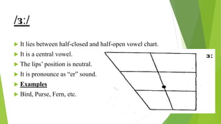 /ɜː/
 It lies between half-closed and half-open vowel chart.
 It is a central vowel.
 The lips’ position is neutral.
 It is pronounce as “er” sound.
 Examples
 Bird, Purse, Fern, etc.
 