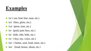 Examples
 /ɪə/ ( ear, bear fear, near, etc.)
 /eə/ (fare, glare, etc.)
 /ʊə/ (poor, tour, etc.)
 /eɪ/ (paid, pain face, etc.)
 /aɪ/ (tide, ride, hide, etc.)
 /ɔɪ/ ( boy, toy, voice, etc.)
 /əʊ/ ( home, soul, load, most, etc.)
 /aʊ/ (loud, house, shout, etc.)
 