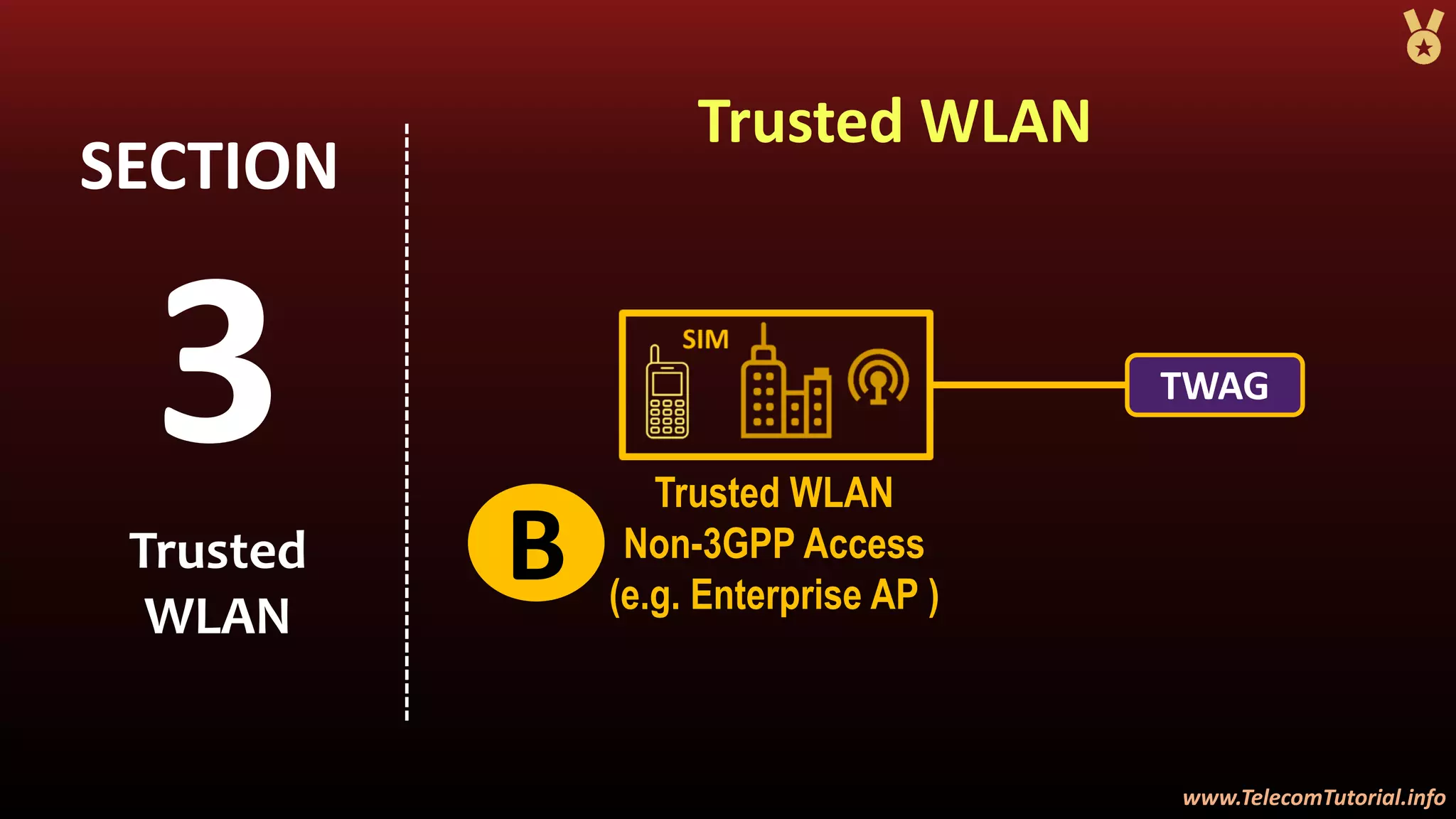 www.TelecomTutorial.info
www.TelecomTutorial.info
Trusted WLAN
3
SECTION
Trusted
WLAN
Trusted WLAN
Non-3GPP Access
(e.g. Enterprise AP )
TWAG
B
 
