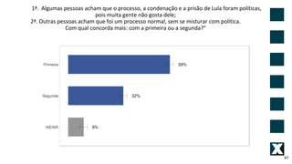 47
1ª. Algumas pessoas acham que o processo, a condenação e a prisão de Lula foram políticas,
pois muita gente não gosta dele;
2ª. Outras pessoas acham que foi um processo normal, sem se misturar com política.
Com qual concorda mais: com a primeira ou a segunda?"
 