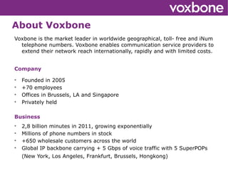 About Voxbone
Voxbone is the market leader in worldwide geographical, toll- free and iNum
  telephone numbers. Voxbone enables communication service providers to
  extend their network reach internationally, rapidly and with limited costs.


Company

    Founded in 2005

    +70 employees

    Offices in Brussels, LA and Singapore

    Privately held

Business

    2,8 billion minutes in 2011, growing exponentially

    Millions of phone numbers in stock

    +650 wholesale customers across the world

    Global IP backbone carrying + 5 Gbps of voice traffic with 5 SuperPOPs
    (New York, Los Angeles, Frankfurt, Brussels, Hongkong)
 