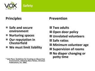 Safety Principles Safe and secure environment  Nurturing spaces Our reputation in Chesterfield We must limit liability * Safe Place: Guidelines for Creating an Abuse-Free Environment, edited by Marv Parker, Christian Publications, Inc. 2002. Prevention  Two adults  Open door policy Unrelated volunteers Safe ratios Minimum volunteer age Supervision of rooms No diaper changing or potty time 