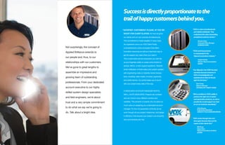 Success is directly proportionate to the
                                     trail of happy customers behind you.
                                     "SATISFIED" CUSTOMERS? PLEASE. AT VOX WE                  “VOX is a team of professionals
                                                                                                and reliable individuals. They
                                     SHOOT FOR CLIENT ELATION. It's how we grow                 understand the value of providing
                                     our clients and our own success simultaneously.            exceptional customer service.”

                                     This commitment is made tangible in many ways.                   Veronica Dean
                                                                                                      Corporate Office Manager
                                     An impressive one is our VOX Client Portal,                      BUSINESS WIRE
Not surprisingly, the concept of     a comprehensive online ecosystem that offers
                                     innovative resources as well as a fast-track way to       “VOXs technical prowess
Applied Brilliance extends to                                                                   is unsurpassed in the
                                     get the support you need when you need it.                 Telecommunications Industry.”
our people and, thus, to our
                                     This crucial online service empowers you with the                Angela Imming
relationships with our customers.    at-your-fingertips ability to create online tickets for          Director Telecommunications
                                                                                                      SAVVIS
                                     service, MACs, or tech support questions. Receive
We’ve gone to great lengths to
                                     email notification of ticket status and project updates   “Our Migration into VOIP has been
assemble an impressive and           with engineering notes or instantly review transac-        seamless because everyone at
                                                                                                VOX is knowledgeable and
growing team of outstanding          tions, including: sales orders, invoices, payments,
                                                                                                experienced so they do the job
                                     and credit memos. Our portal keeps you in touch            right the first time.”
professionals. From your dedicated
                                     with your project every step of the way.                      Quan Dang
                                                                                                   Telecom Manager
account executive to our highly                                                                    TECHNOLOGY CREDIT UNION

                                     A DEDICATED ACCOUNT MANAGER WHO’S,
skilled system design specialists
                                     WELL, QUITE DEDICATED. Projects are complex               “We’re confident in VOX’s ability to
                                                                                                produce the right mix of valued,
and field engineers, we’re about     and can involve many different vendors and
                                                                                                next-generation products, as well as

trust and a very simple commitment   variables. This dynamic is exactly why we place so         provide the crucial support we need
                                                                                                to run our business seamlessly.”
                                     much value on assigning you a dedicated account
to do what we say we’re going to                                                                     Chris Romero
                                     manager. It’s how we guarantee continuity as we
                                                                                                     Engineering Operations
do. Talk about a bright idea.        work through all your project milestones, and design            GENESYS TELECOMMUNICATIONS

                                     in efficiency that ensures your project runs smoothly
                                                                                               “VOX comes through time and
                                     and commitments are met.
                                                                                                time again because they put the
                                                                                                needs of their clients first.”

                                                                                                     Bill Provax
                                                                                                     Global Voice
                                                                                                     Telecommunications Architect
                                                                                                     ALTERA
 