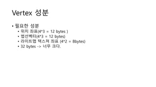 Vertex 성분
• 필요한 성분
• 위치 좌표(4*3 = 12 bytes )
• 법선벡터(4*3 = 12 bytes)
• 라이트맵 텍스쳐 좌표 (4*2 = 8bytes)
• 32 bytes -> 너무 크다.
 