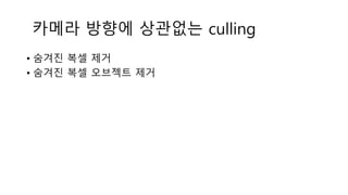 카메라 방향에 상관없는 culling
• 숨겨진 복셀 제거
• 숨겨진 복셀 오브젝트 제거
 