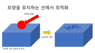 모양을 유지하는 선에서 최적화
로켓탄 충돌!
8x8x8로 변환
최대한 낮은 정밀도로 유지
 