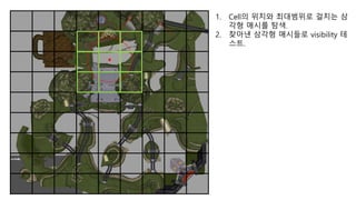 1. Cell의 위치와 최대범위로 걸치는 삼
각형 매시를 탐색.
2. 찾아낸 삼각형 매시들로 visibility 테
스트.
 