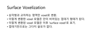 Surface Voxelization
• 삼각형과 교차하는 영역만 voxel로 변환.
• 이렇게 변환한 voxel 모델은 안이 비어있는 껍데기 형태가 된다.
• 이렇게 변환된 voxel 모델은 이후 ‘surface voxel’로 표기.
• 껍데기만으로는 그다지 쓸모가 없다.
 