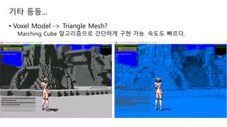 • Voxel Model -> Triangle Mesh?
Marching Cube 알고리즘으로 간단하게 구현 가능. 속도도 빠르다.
기타 등등…
 