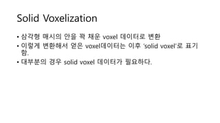 Solid Voxelization
• 삼각형 매시의 안을 꽉 채운 voxel 데이터로 변환
• 이렇게 변환해서 얻은 voxel데이터는 이후 ‘solid voxel’로 표기
함.
• 대부분의 경우 solid voxel 데이터가 필요하다.
 