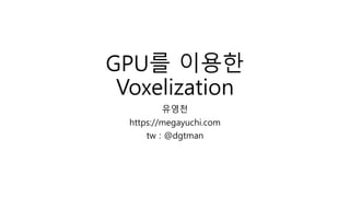 GPU를 이용한
Voxelization
유영천
https://megayuchi.com
tw : @dgtman
 
