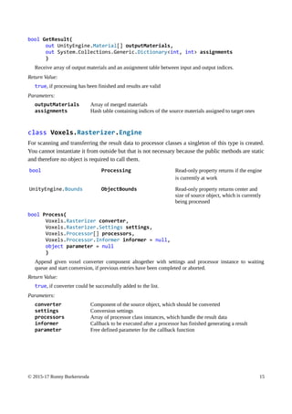bool GetResult(
out UnityEngine.Material[] outputMaterials,
out System.Collections.Generic.Dictionary<int, int> assignments
)
Receive array of output materials and an assignment table between input and output indices.
Return Value:
true, if processing has been finished and results are valid
Parameters:
outputMaterials Array of merged materials
assignments Hash table containing indices of the source materials assigned to target ones
class Voxels.Rasterizer.Engine
For scanning and transferring the result data to processor classes a singleton of this type is created.
You cannot instantiate it from outside but that is not necessary because the public methods are static
and therefore no object is required to call them.
bool Processing Read-only property returns if the engine
is currently at work
UnityEngine.Bounds ObjectBounds Read-only property returns center and
size of source object, which is currently
being processed
bool Process(
Voxels.Rasterizer converter,
Voxels.Rasterizer.Settings settings,
Voxels.Processor[] processors,
Voxels.Processor.Informer informer = null,
object parameter = null
)
Append given voxel converter component altogether with settings and processor instance to waiting
queue and start conversion, if previous entries have been completed or aborted.
Return Value:
true, if converter could be successfully added to the list.
Parameters:
converter Component of the source object, which should be converted
settings Conversion settings
processors Array of processor class instances, which handle the result data
informer Callback to be executed after a processor has finished generating a result
parameter Free defined parameter for the callback function
© 2015-17 Ronny Burkersroda 15
 