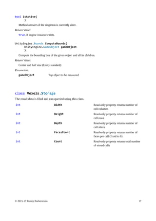 bool IsActive(
)
Method answers if the singleton is currently alive.
Return Value:
true, if engine instance exists.
UnityEngine.Bounds ComputeBounds(
UnityEngine.GameObject gameObject
)
Compute the bounding box of the given object and all its children.
Return Value:
Center and half size (Unity standard)
Parameters:
gameObject Top object to be measured
class Voxels.Storage
The result data is filed and can queried using this class.
int Width Read-only property returns number of
cell columns
int Height Read-only property returns number of
cell rows
int Depth Read-only property returns number of
cell slices
int FacesCount Read-only property returns number of
faces per cell (fixed to 6)
int Count Read-only property returns total number
of stored cells
© 2015-17 Ronny Burkersroda 17
 
