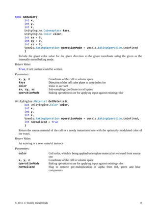 bool AddColor(
int x,
int y,
int z,
UnityEngine.CubemapFace face,
UnityEngine.Color color,
int sx = 0,
int sy = 0,
int sz = 0,
Voxels.BakingOperation operationMode = Voxels.BakingOperation.Undefined
)
Include the given color value for the given direction to the given coordinate using the given or the
internally stored baking mode.
Return Value:
true, if cell content could be written.
Parameters:
x, y, z Coordinate of the cell in volume space
face Direction of the cell cube plane to store index for
color Value to account
sx, sy, sz Sub-sampling coordinate in cell space
operationMode Baking operation to use for applying input against existing color
UnityEngine.Material GetMaterial(
out UnityEngine.Color color,
int x,
int y,
int z,
Voxels.BakingOperation operationMode = Voxels.BakingOperation.Undefined,
int normalized = true
)
Return the source material of the cell or a newly instantiated one with the optionally modulated color of
the voxel.
Return Value:
An existing or a new material instance
Parameters:
color Cell color, which is being applied to template material or retrieved from source
one
x, y, z Coordinate of the cell in volume space
operationMode Baking operation to use for applying input against existing color
normalized Flag to remove pre-multiplication of alpha from red, green and blue
components
© 2015-17 Ronny Burkersroda 19
 