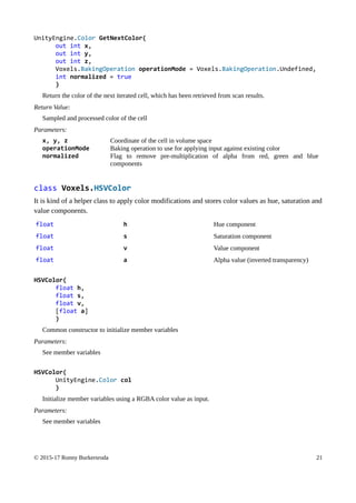 UnityEngine.Color GetNextColor(
out int x,
out int y,
out int z,
Voxels.BakingOperation operationMode = Voxels.BakingOperation.Undefined,
int normalized = true
)
Return the color of the next iterated cell, which has been retrieved from scan results.
Return Value:
Sampled and processed color of the cell
Parameters:
x, y, z Coordinate of the cell in volume space
operationMode Baking operation to use for applying input against existing color
normalized Flag to remove pre-multiplication of alpha from red, green and blue
components
class Voxels.HSVColor
It is kind of a helper class to apply color modifications and stores color values as hue, saturation and
value components.
float h Hue component
float s Saturation component
float v Value component
float a Alpha value (inverted transparency)
HSVColor(
float h,
float s,
float v,
[float a]
)
Common constructor to initialize member variables
Parameters:
See member variables
HSVColor(
UnityEngine.Color col
)
Initialize member variables using a RGBA color value as input.
Parameters:
See member variables
© 2015-17 Ronny Burkersroda 21
 