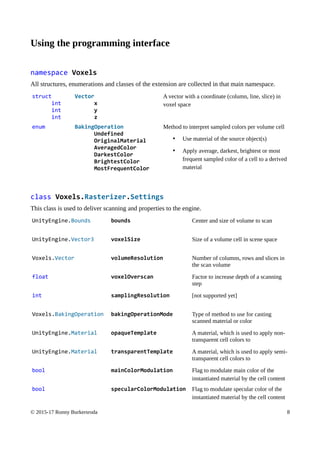 Using the programming interface
namespace Voxels
All structures, enumerations and classes of the extension are collected in that main namespace.
struct
int
int
int
Vector
x
y
z
A vector with a coordinate (column, line, slice) in
voxel space
enum BakingOperation
Undefined
OriginalMaterial
AveragedColor
DarkestColor
BrightestColor
MostFrequentColor
Method to interpret sampled colors per volume cell
• Use material of the source object(s)
• Apply average, darkest, brightest or most
frequent sampled color of a cell to a derived
material
class Voxels.Rasterizer.Settings
This class is used to deliver scanning and properties to the engine.
UnityEngine.Bounds bounds Center and size of volume to scan
UnityEngine.Vector3 voxelSize Size of a volume cell in scene space
Voxels.Vector volumeResolution Number of columns, rows and slices in
the scan volume
float voxelOverscan Factor to increase depth of a scanning
step
int samplingResolution [not supported yet]
Voxels.BakingOperation bakingOperationMode Type of method to use for casting
scanned material or color
UnityEngine.Material opaqueTemplate A material, which is used to apply non-
transparent cell colors to
UnityEngine.Material transparentTemplate A material, which is used to apply semi-
transparent cell colors to
bool mainColorModulation Flag to modulate main color of the
instantiated material by the cell content
bool specularColorModulation Flag to modulate specular color of the
instantiated material by the cell content
© 2015-17 Ronny Burkersroda 8
 
